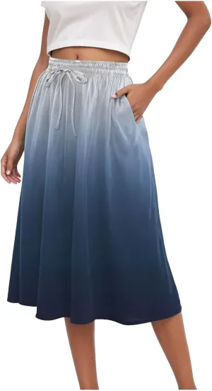 Rvidbe Skirts for Women Midi Length Pleated High Waisted Casual Below Knee Skirts with Pockets Gradient Print A-Line Skirts