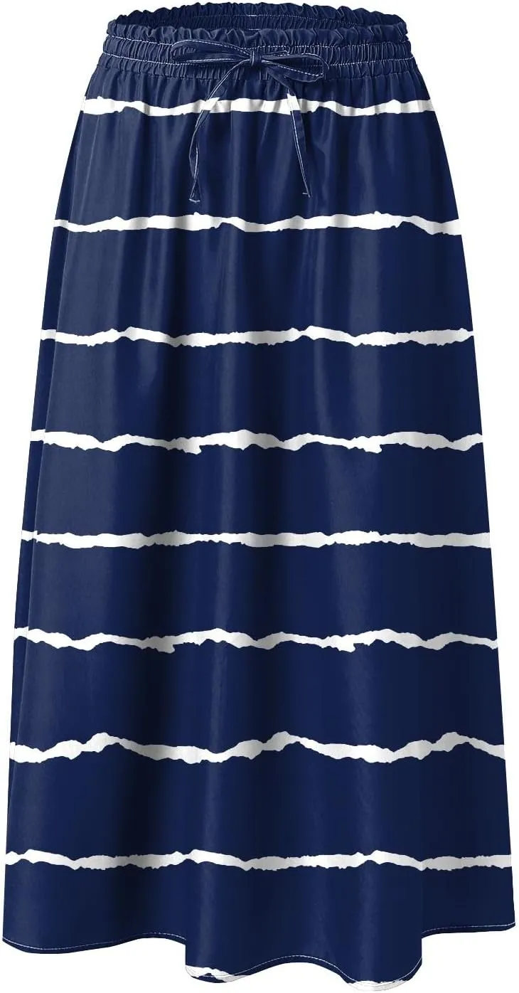 Rvidbe Skirts for Women Midi Length Summer Pleated High Waisted Casual Below Knee Skirts with Pockets Vacation A-Line Skirts