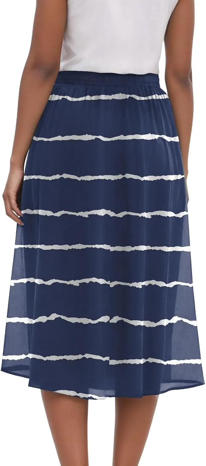 Rvidbe Skirts for Women Midi Length Summer Pleated High Waisted Casual Below Knee Skirts with Pockets Vacation A-Line Skirts