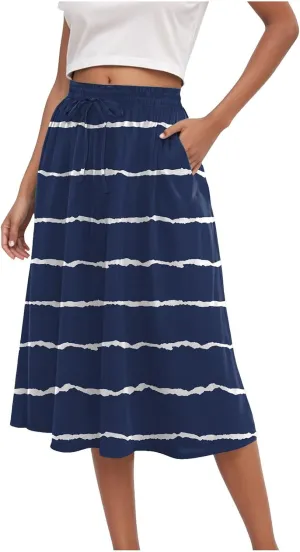 Rvidbe Skirts for Women Midi Length Summer Pleated High Waisted Casual Below Knee Skirts with Pockets Vacation A-Line Skirts