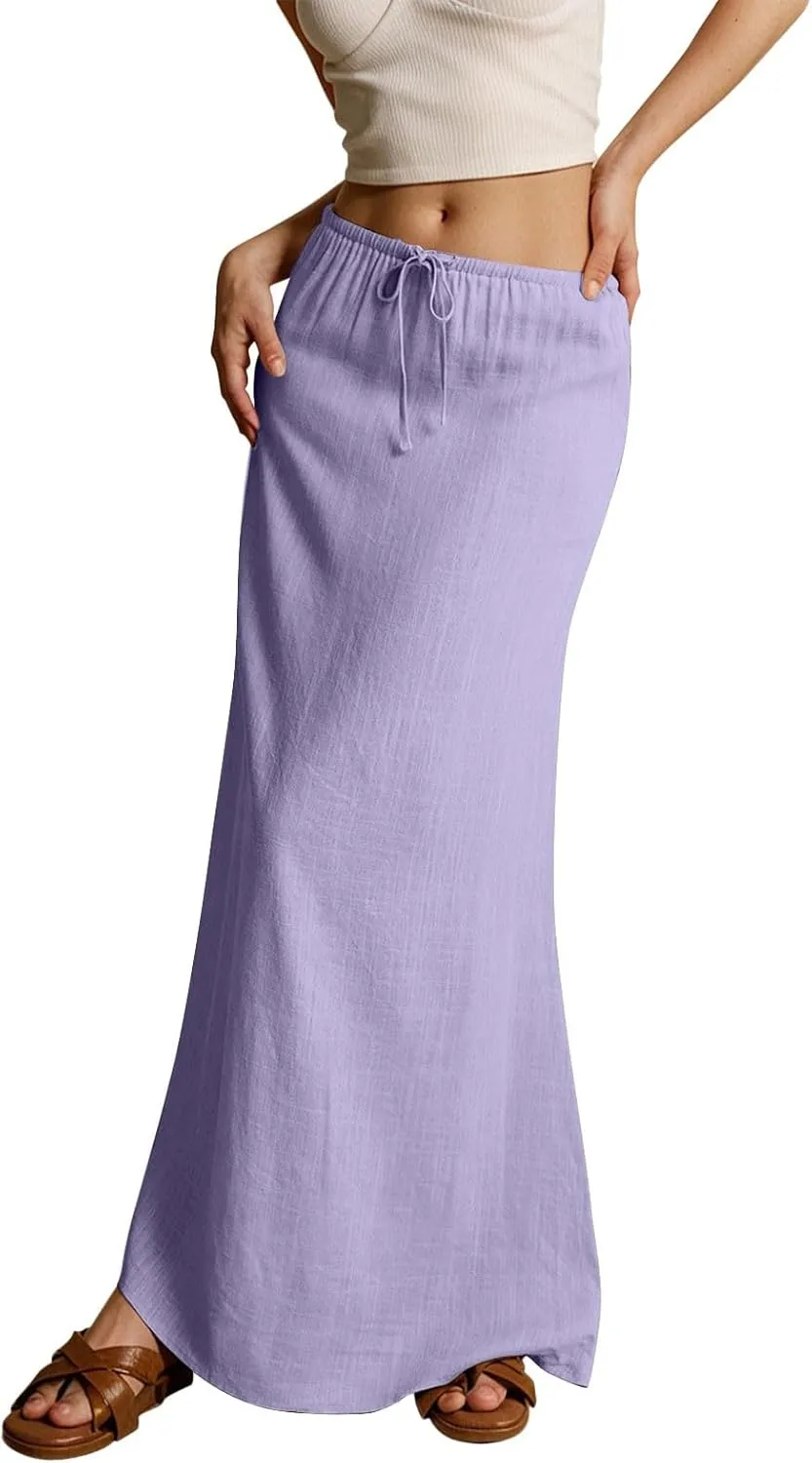 Rvidbe Summer Skirts for Women 2025 Vacation Comfortable Drawstring Waist Vacation Boho Flowy Skirts Solid Color Beach Skirts