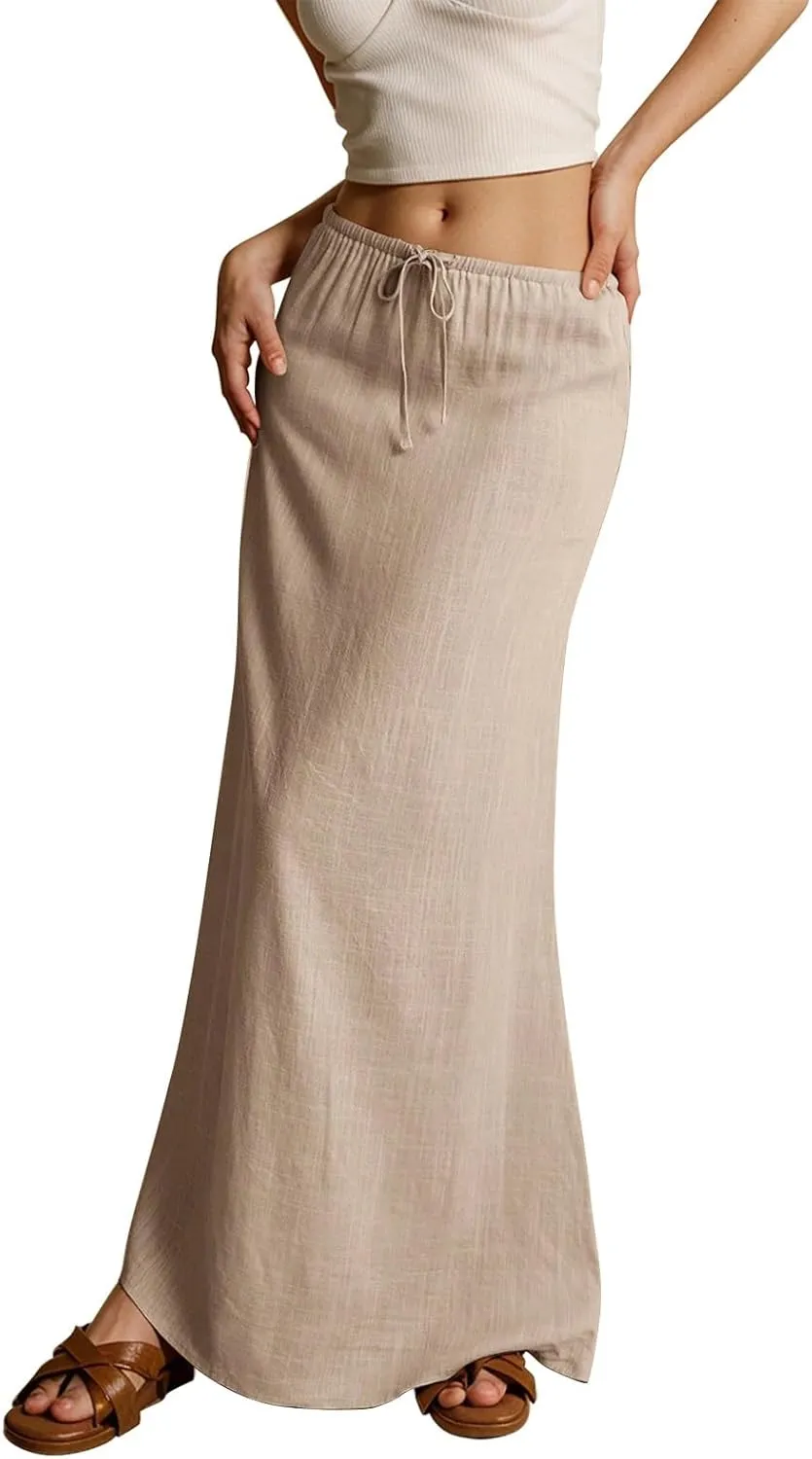 Rvidbe Summer Skirts for Women 2025 Vacation Comfortable Drawstring Waist Vacation Boho Flowy Skirts Solid Color Beach Skirts