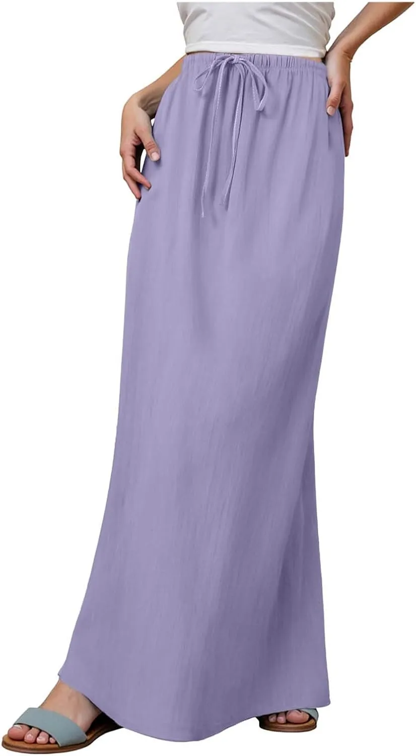 Rvidbe Summer Skirts for Women 2025 Vacation Comfortable Drawstring Waist Vacation Boho Flowy Skirts Solid Color Beach Skirts