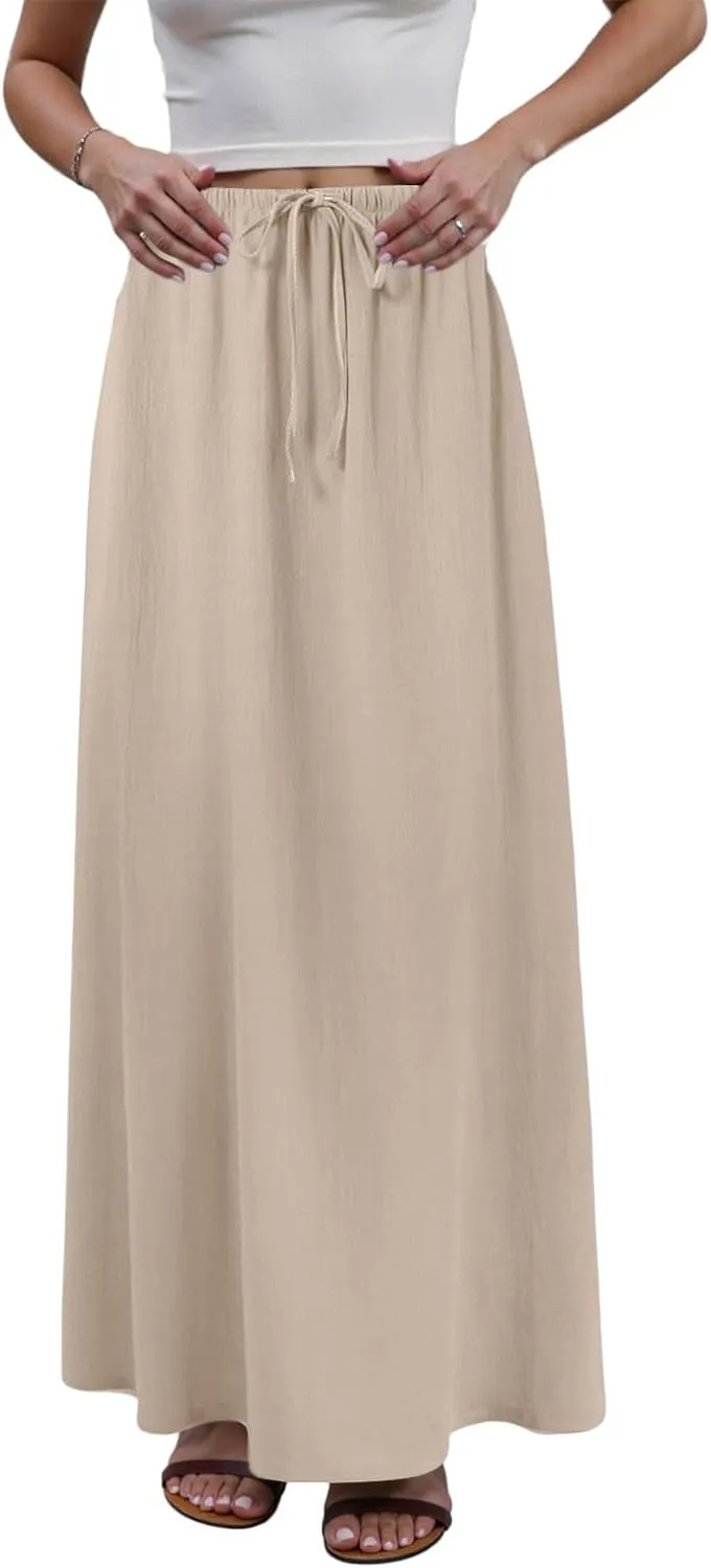 Rvidbe Summer Skirts for Women 2025 Vacation Comfortable Drawstring Waist Vacation Boho Flowy Skirts Solid Color Beach Skirts