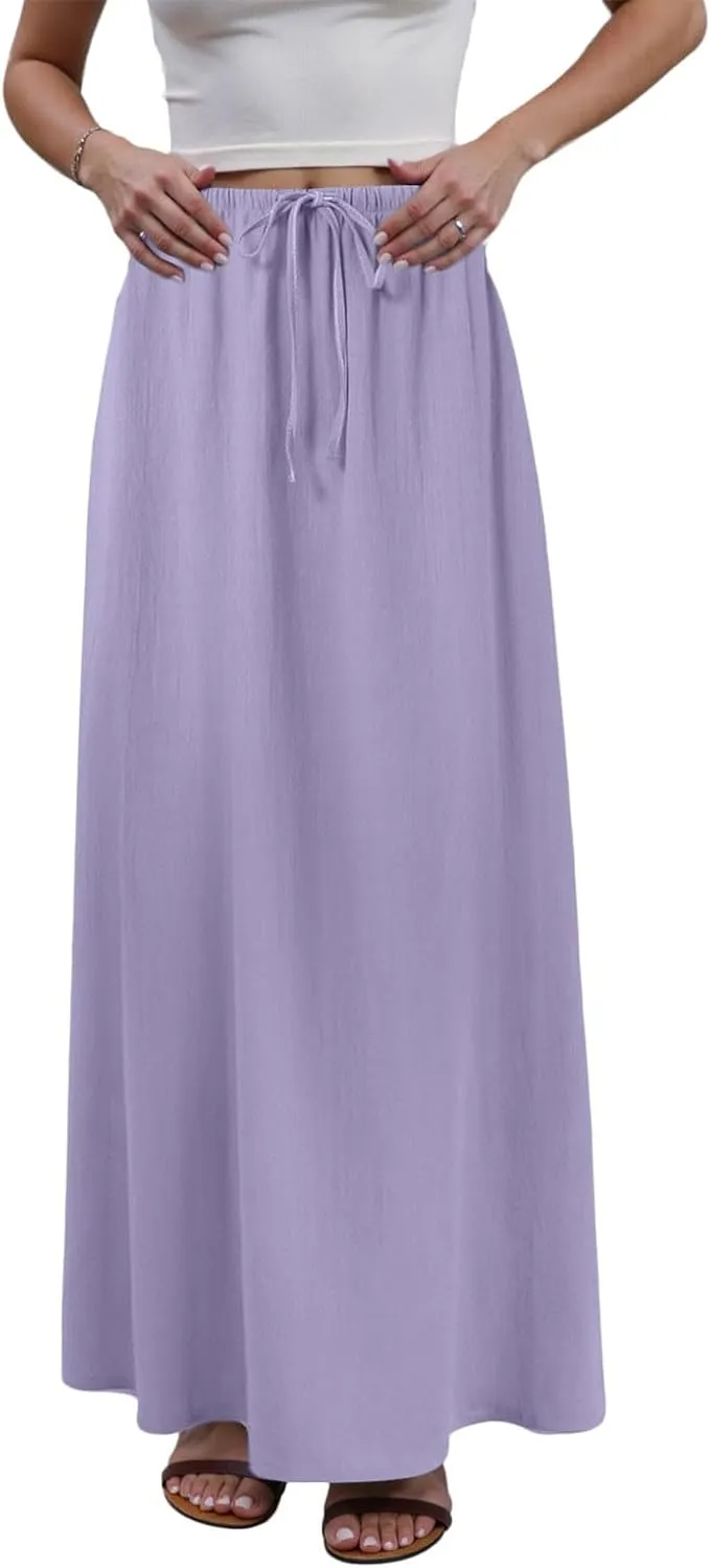 Rvidbe Summer Skirts for Women 2025 Vacation Comfortable Drawstring Waist Vacation Boho Flowy Skirts Solid Color Beach Skirts