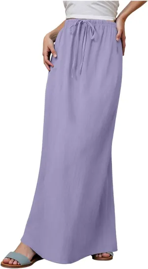 Rvidbe Summer Skirts for Women 2025 Vacation Comfortable Drawstring Waist Vacation Boho Flowy Skirts Solid Color Beach Skirts