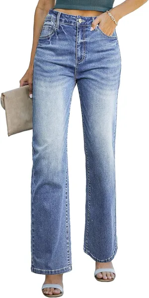 Sidefeel Women's Wide Leg Jeans Casual High Waisted Straight Zimbaplatinum Denim Pants with Pockets