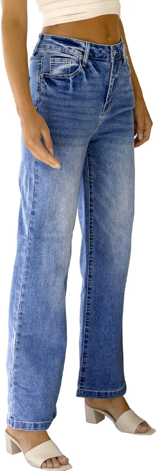 Sidefeel Women's Wide Leg Jeans Casual High Waisted Straight Zimbaplatinum Denim Pants with Pockets