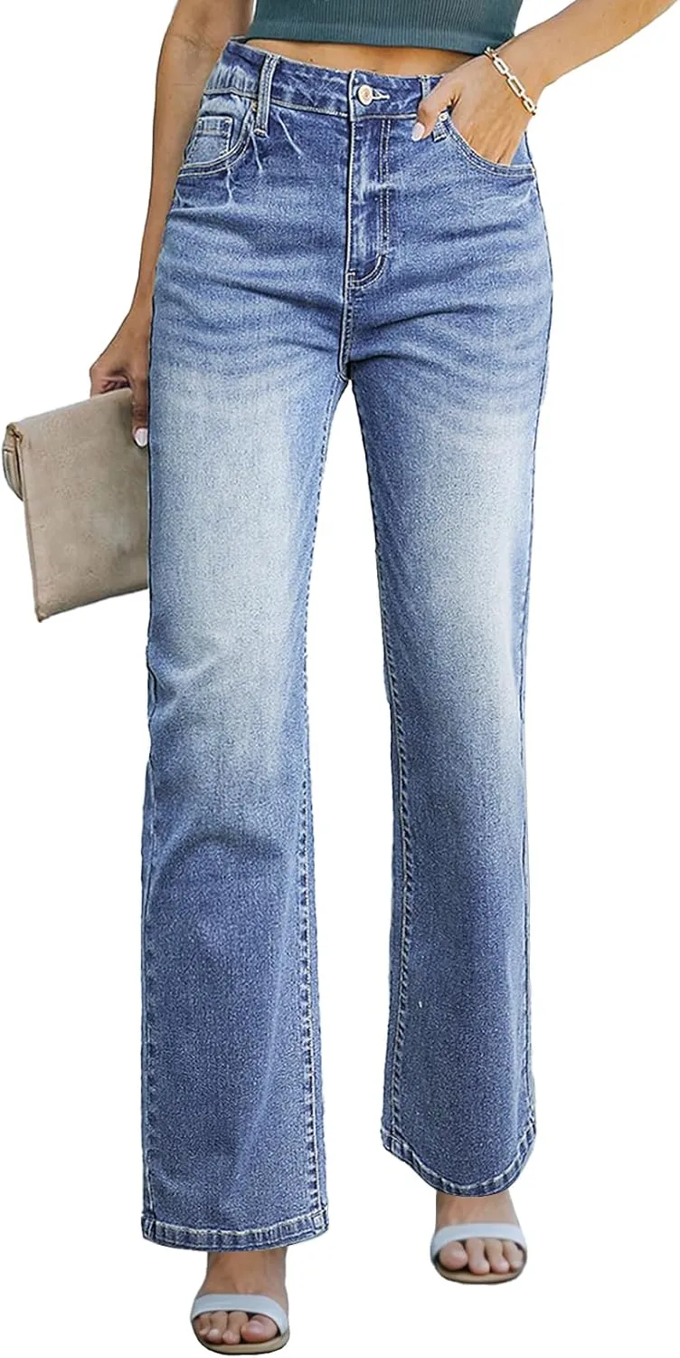 Sidefeel Women's Wide Leg Jeans Casual High Waisted Straight Zimbaplatinum Denim Pants with Pockets