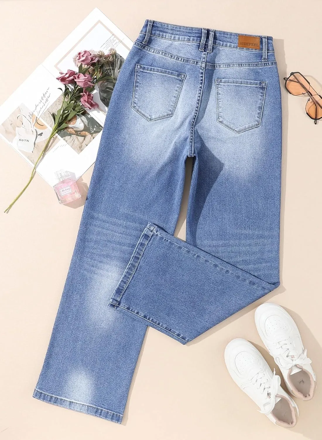 Sidefeel Women's Wide Leg Jeans Casual High Waisted Straight Zimbaplatinum Denim Pants with Pockets