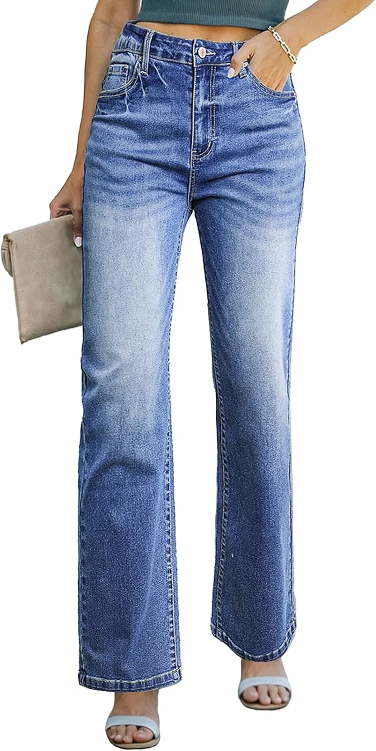 Sidefeel Women's Wide Leg Jeans Casual High Waisted Straight Zimbaplatinum Denim Pants with Pockets