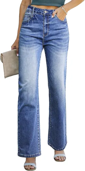 Sidefeel Women's Wide Leg Jeans Casual High Waisted Straight Zimbaplatinum Denim Pants with Pockets