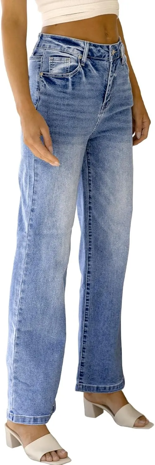 Sidefeel Women's Wide Leg Jeans Casual High Waisted Straight Zimbaplatinum Denim Pants with Pockets