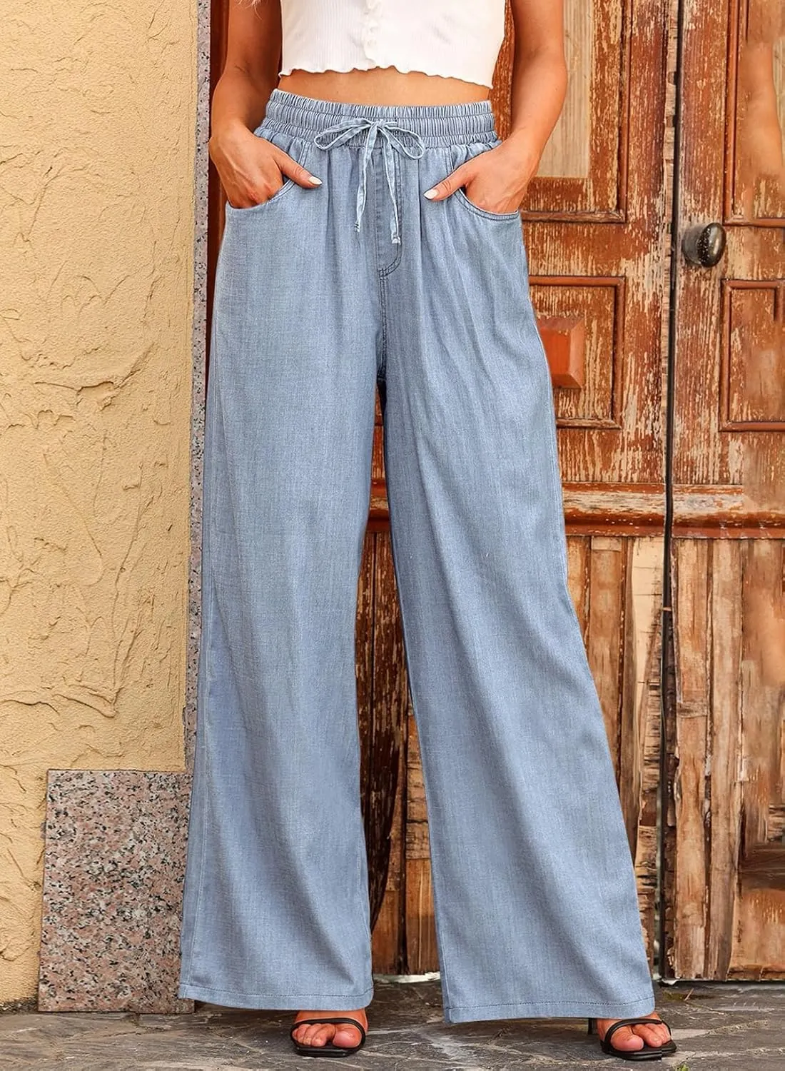 Sidefeel Women's Wide Leg Jeans High Waisted 2024 Summer Drawstring Denim Pants
