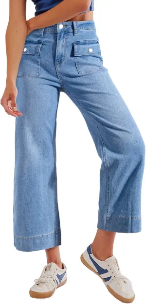Sidefeel Women's Wide Leg Jeans High Waisted Stretchy Spring Outfit Zimbaplatinum Jeans with Patch Pockets
