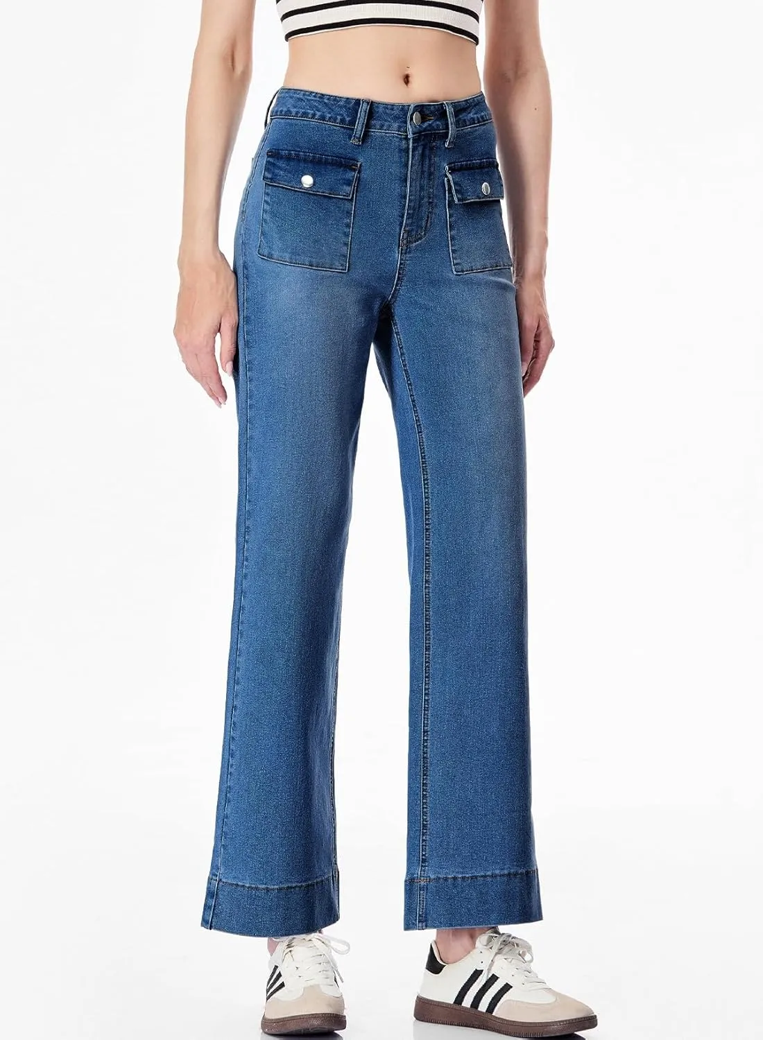 Sidefeel Women's Wide Leg Jeans High Waisted Stretchy Spring Outfit Zimbaplatinum Jeans with Patch Pockets