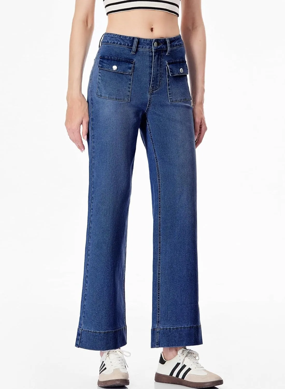 Sidefeel Women's Wide Leg Jeans High Waisted Stretchy Spring Outfit Zimbaplatinum Jeans with Patch Pockets