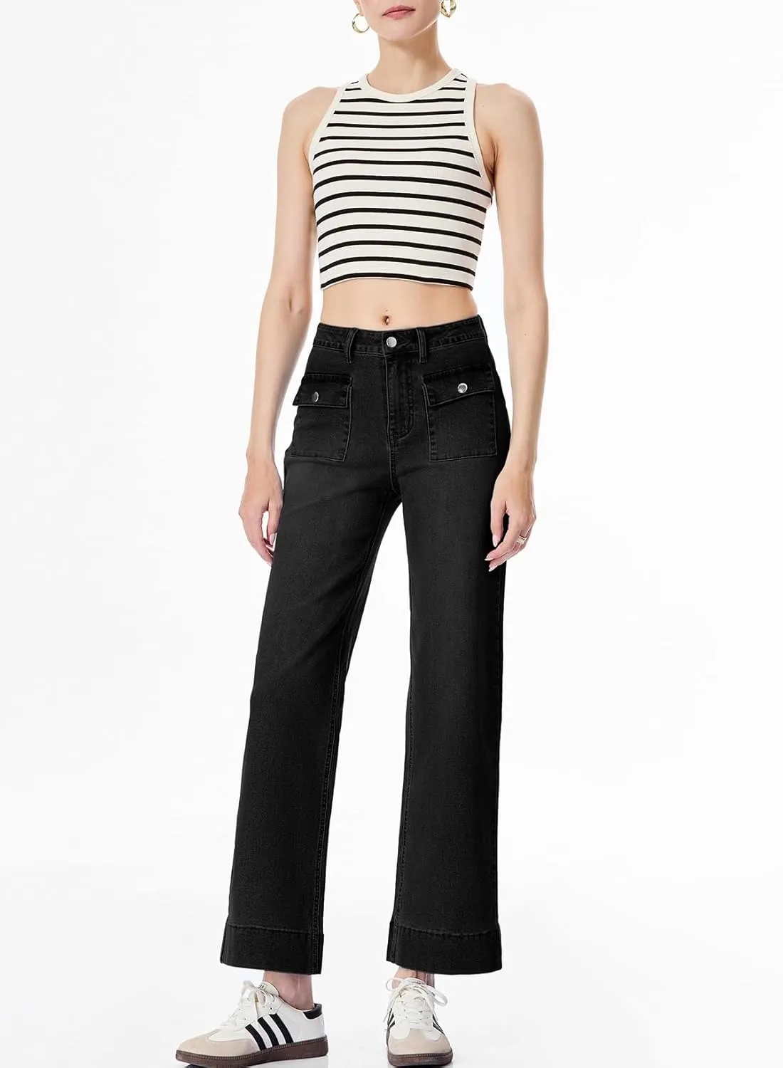 Sidefeel Women's Wide Leg Jeans High Waisted Stretchy Spring Outfit Zimbaplatinum Jeans with Patch Pockets