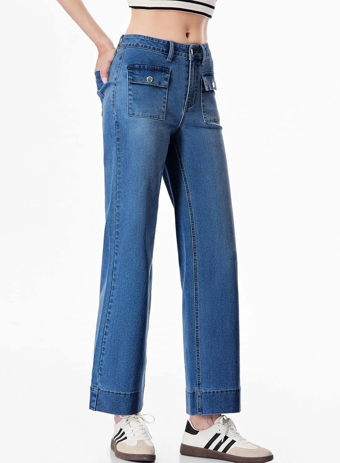 Sidefeel Women's Wide Leg Jeans High Waisted Stretchy Spring Outfit Zimbaplatinum Jeans with Patch Pockets