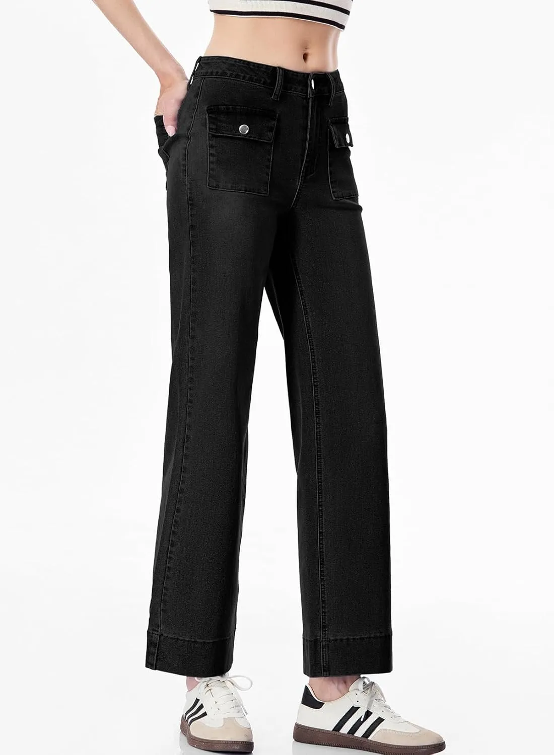Sidefeel Women's Wide Leg Jeans High Waisted Stretchy Spring Outfit Zimbaplatinum Jeans with Patch Pockets