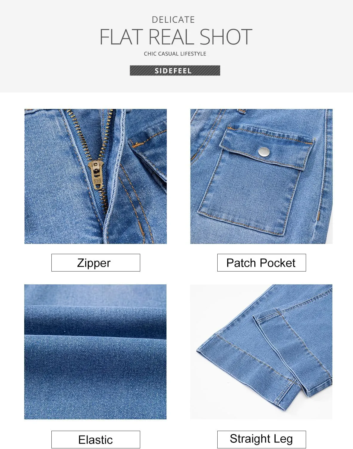 Sidefeel Women's Wide Leg Jeans High Waisted Stretchy Spring Outfit Zimbaplatinum Jeans with Patch Pockets