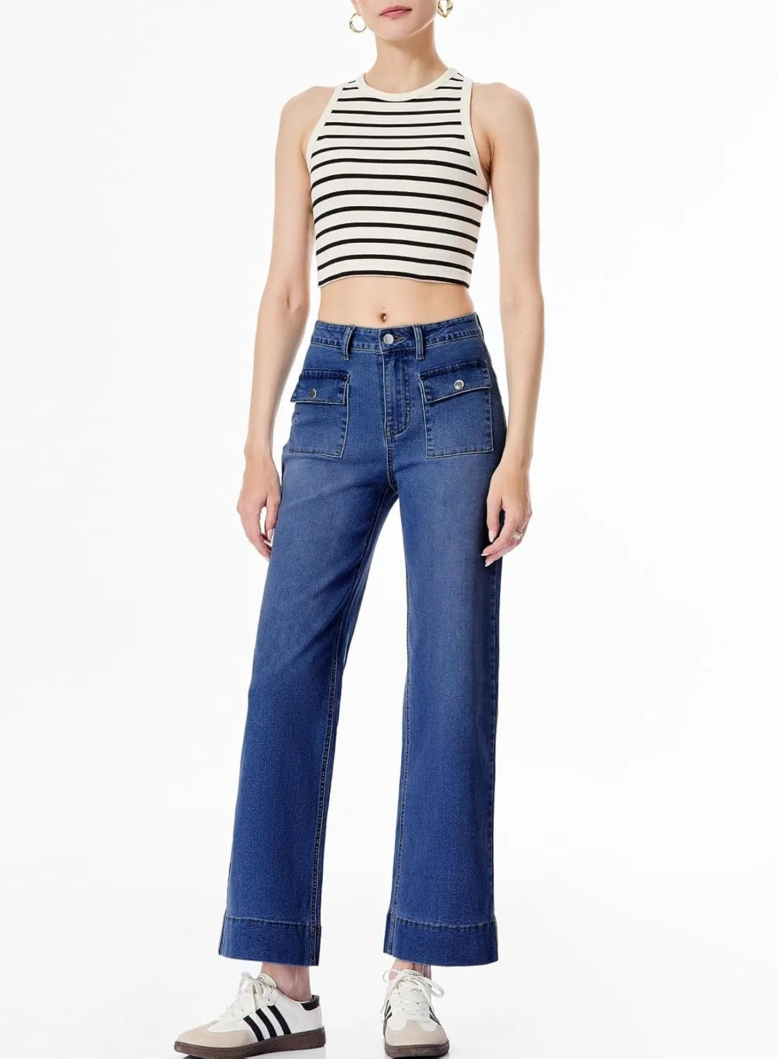Sidefeel Women's Wide Leg Jeans High Waisted Stretchy Spring Outfit Zimbaplatinum Jeans with Patch Pockets