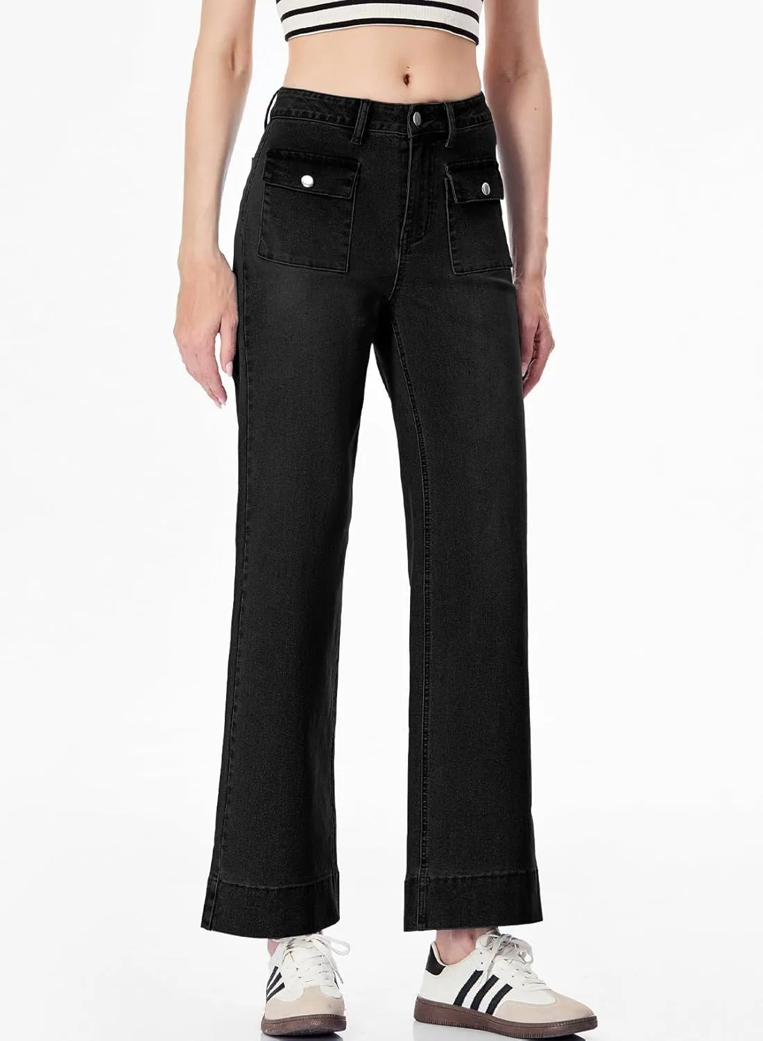 Sidefeel Women's Wide Leg Jeans High Waisted Stretchy Spring Outfit Zimbaplatinum Jeans with Patch Pockets