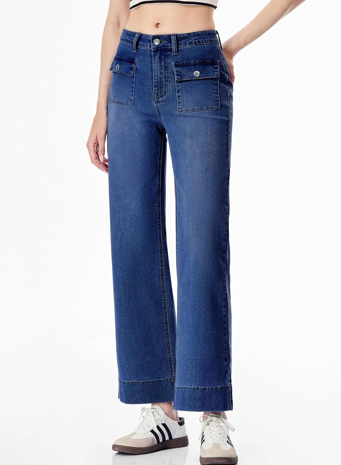 Sidefeel Women's Wide Leg Jeans High Waisted Stretchy Spring Outfit Zimbaplatinum Jeans with Patch Pockets