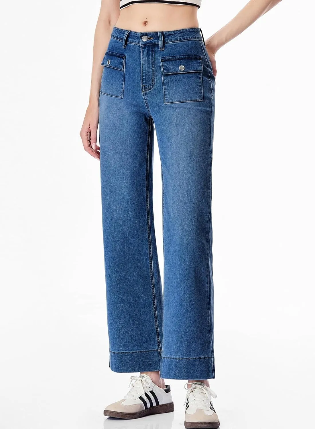Sidefeel Women's Wide Leg Jeans High Waisted Stretchy Spring Outfit Zimbaplatinum Jeans with Patch Pockets