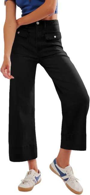 Sidefeel Women's Wide Leg Jeans High Waisted Stretchy Spring Outfit Zimbaplatinum Jeans with Patch Pockets
