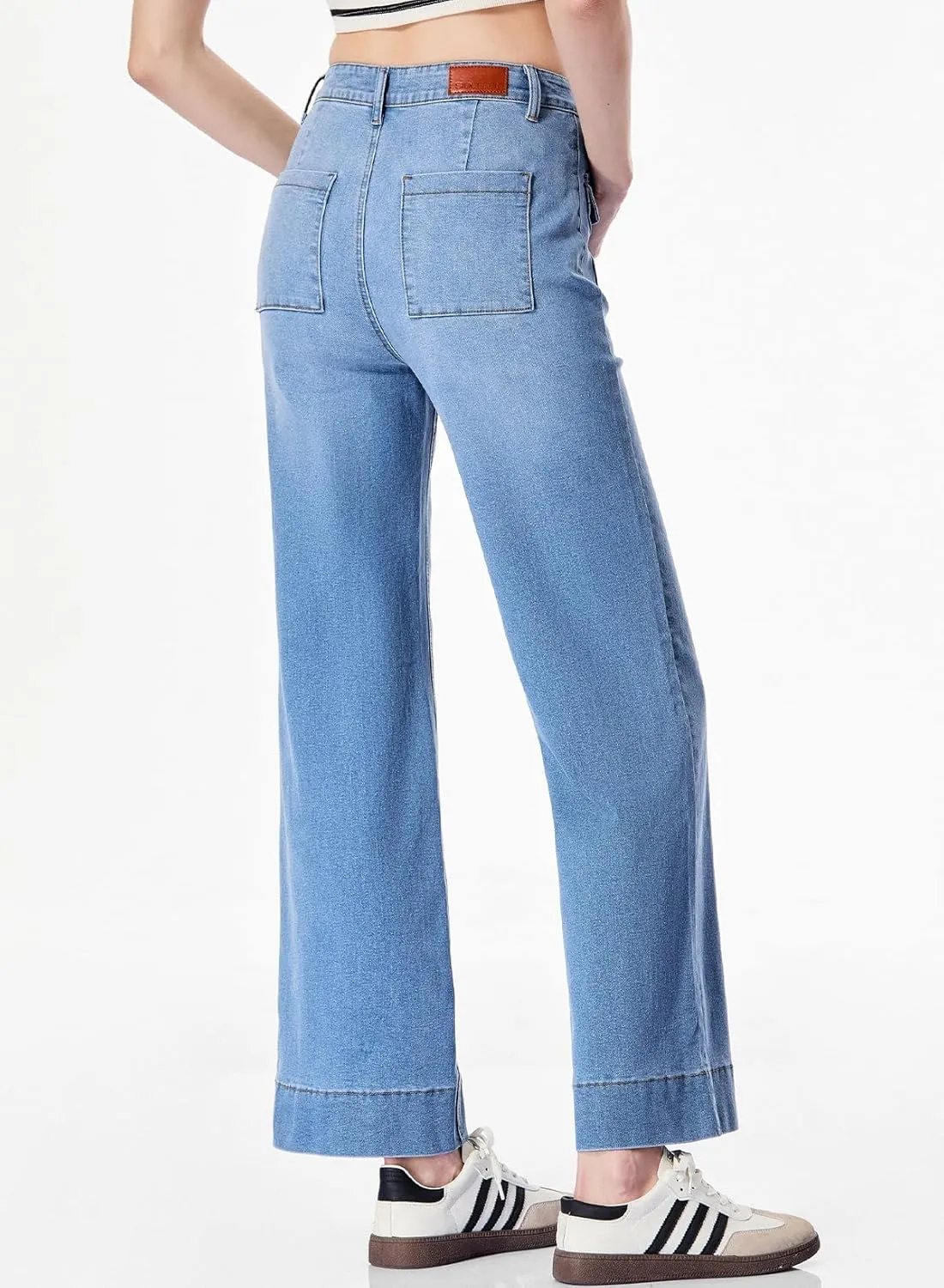 Sidefeel Women's Wide Leg Jeans High Waisted Stretchy Spring Outfit Zimbaplatinum Jeans with Patch Pockets