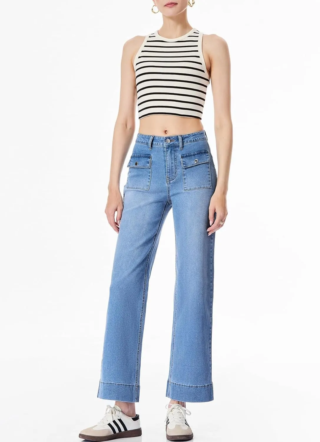 Sidefeel Women's Wide Leg Jeans High Waisted Stretchy Spring Outfit Zimbaplatinum Jeans with Patch Pockets