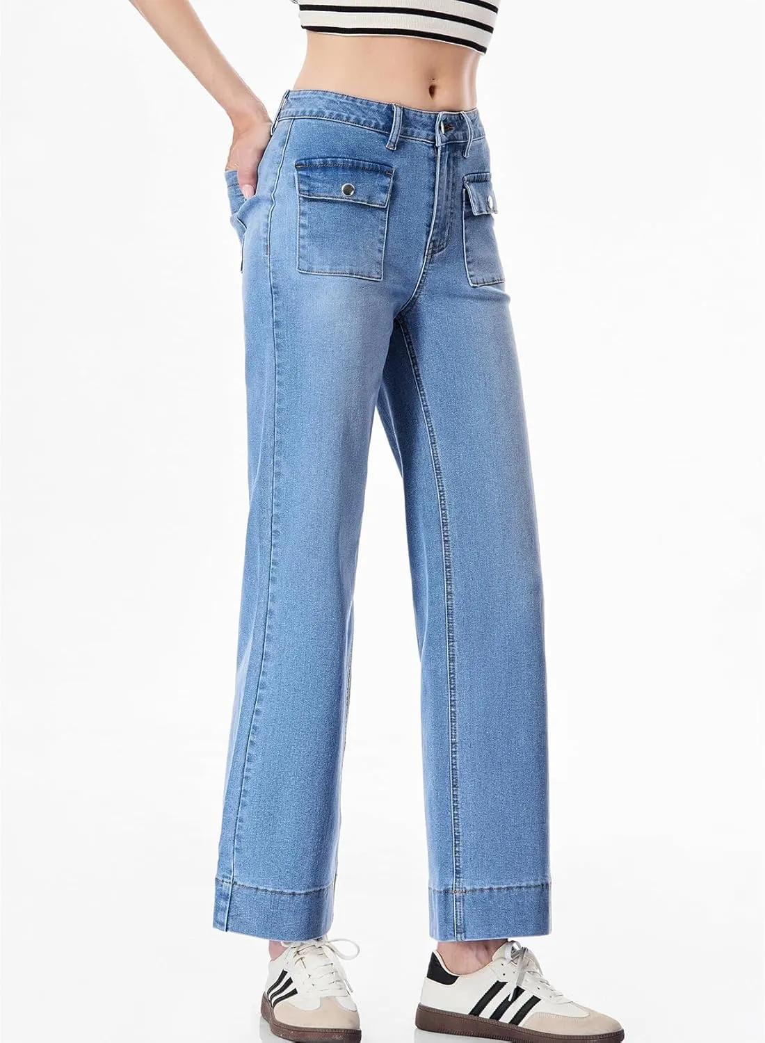 Sidefeel Women's Wide Leg Jeans High Waisted Stretchy Spring Outfit Zimbaplatinum Jeans with Patch Pockets
