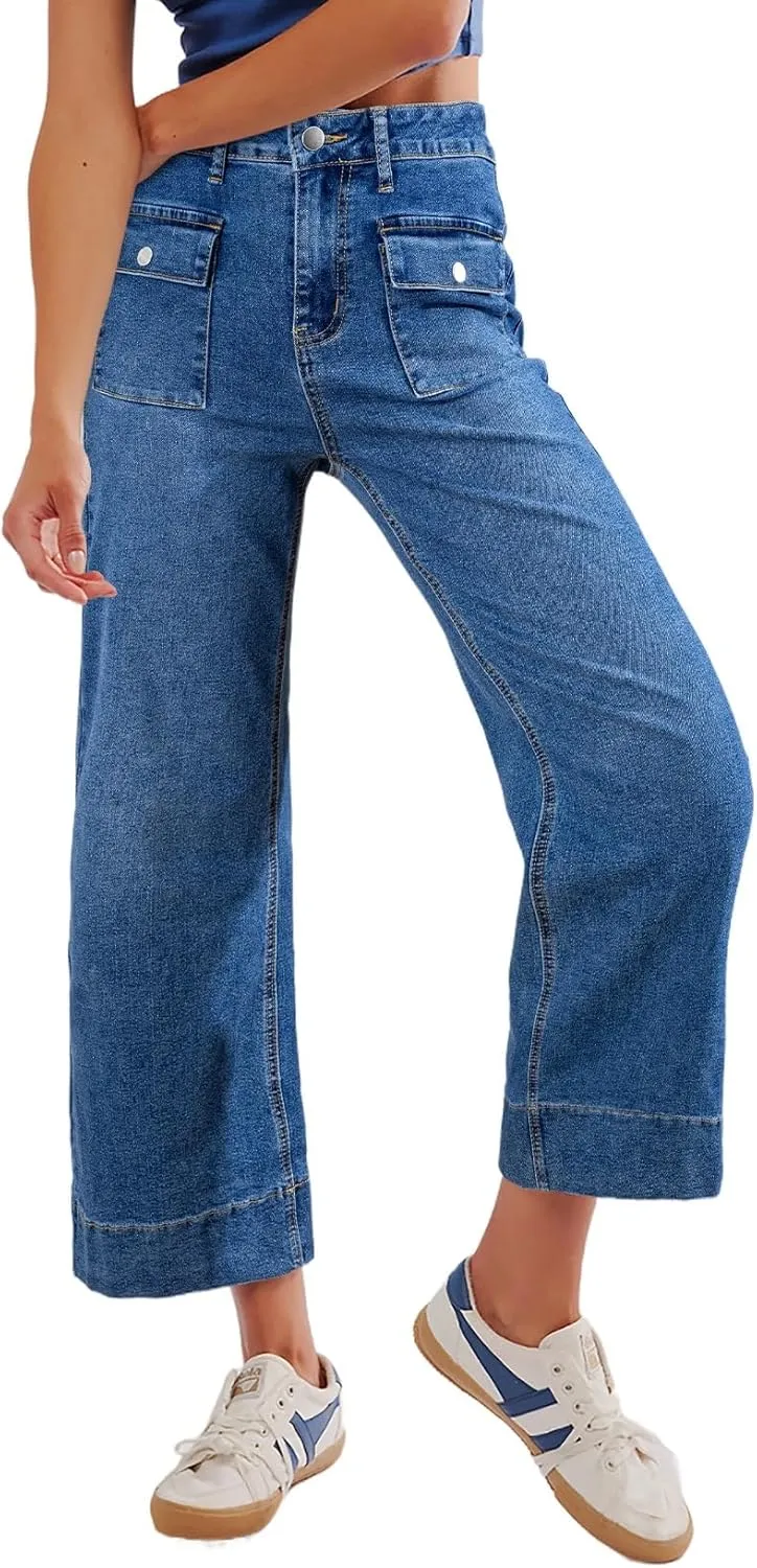 Sidefeel Women's Wide Leg Jeans High Waisted Stretchy Spring Outfit Zimbaplatinum Jeans with Patch Pockets