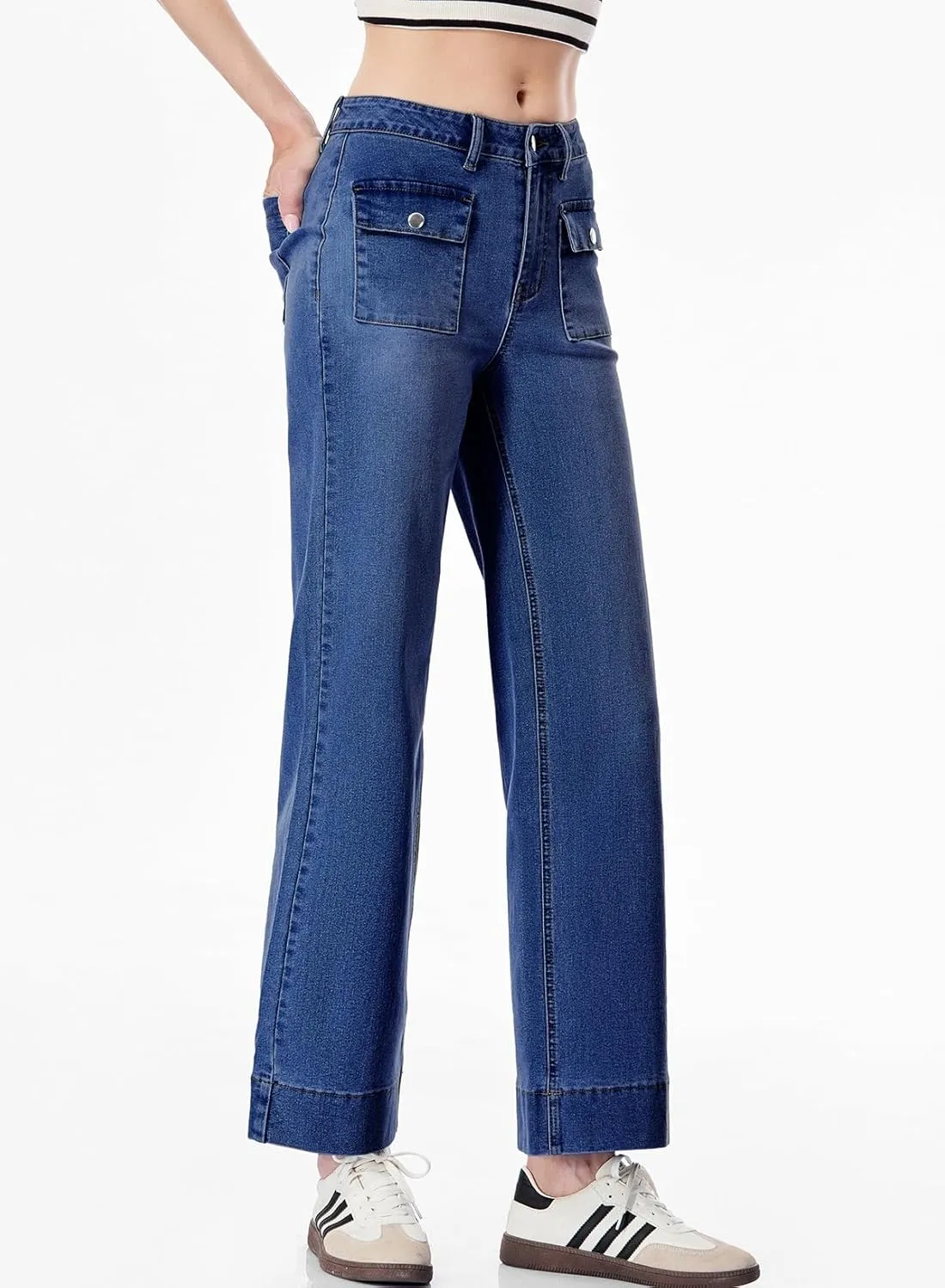 Sidefeel Women's Wide Leg Jeans High Waisted Stretchy Spring Outfit Zimbaplatinum Jeans with Patch Pockets