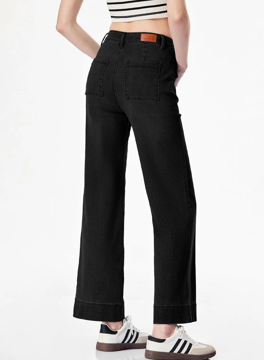 Sidefeel Women's Wide Leg Jeans High Waisted Stretchy Spring Outfit Zimbaplatinum Jeans with Patch Pockets