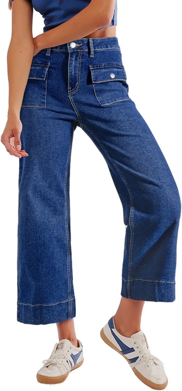 Sidefeel Women's Wide Leg Jeans High Waisted Stretchy Spring Outfit Zimbaplatinum Jeans with Patch Pockets