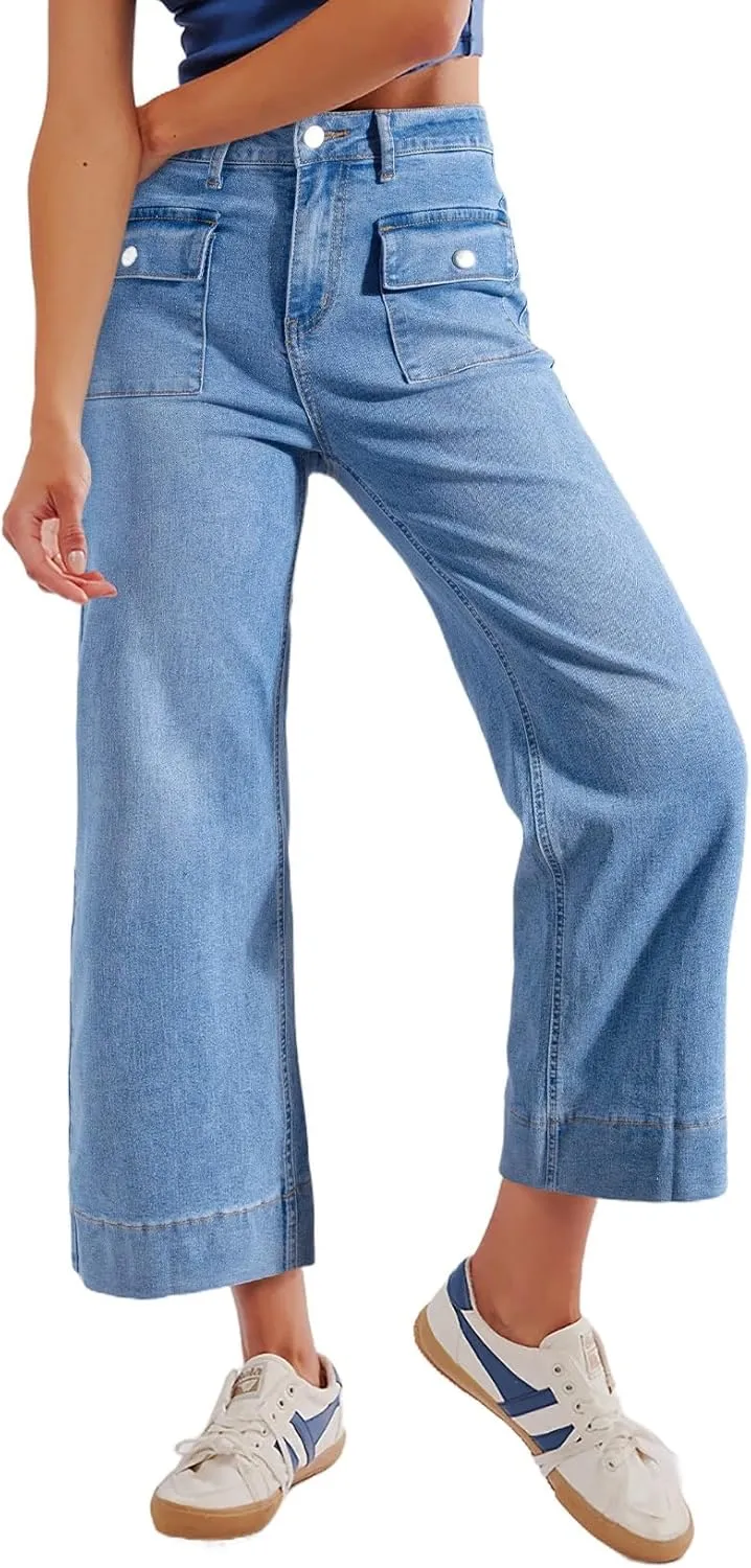Sidefeel Women's Wide Leg Jeans High Waisted Stretchy Spring Outfit Zimbaplatinum Jeans with Patch Pockets