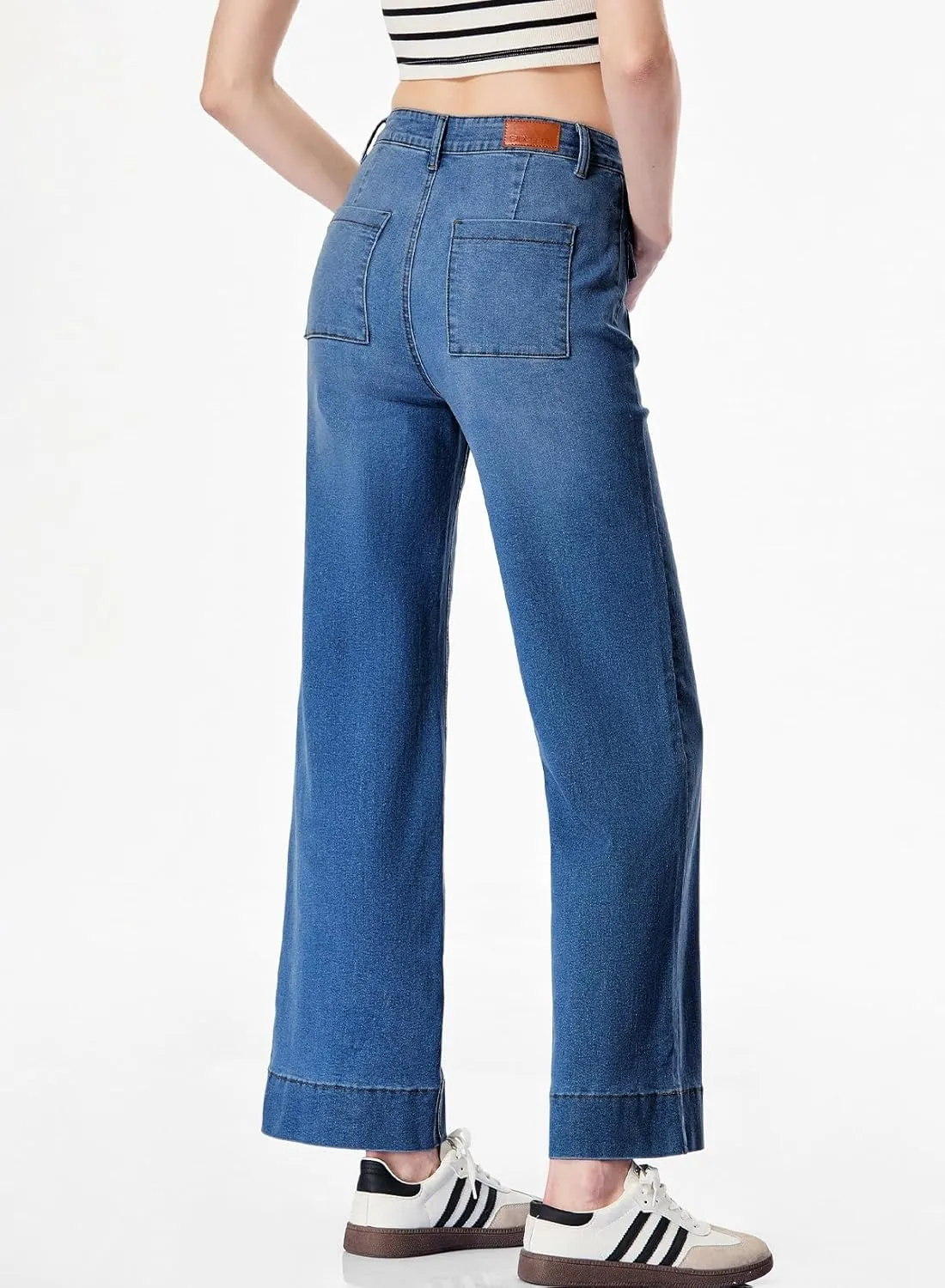 Sidefeel Women's Wide Leg Jeans High Waisted Stretchy Spring Outfit Zimbaplatinum Jeans with Patch Pockets
