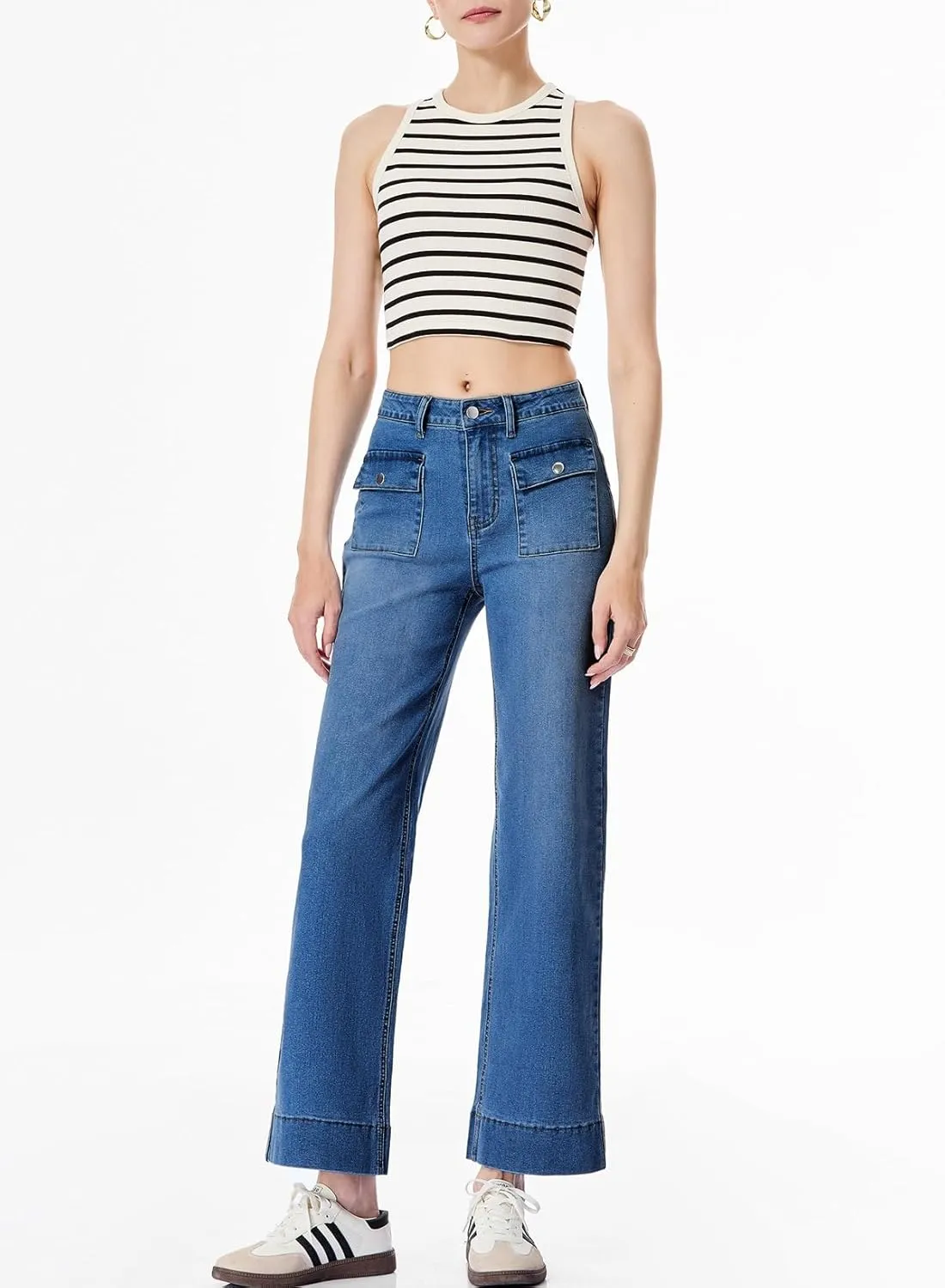Sidefeel Women's Wide Leg Jeans High Waisted Stretchy Spring Outfit Zimbaplatinum Jeans with Patch Pockets