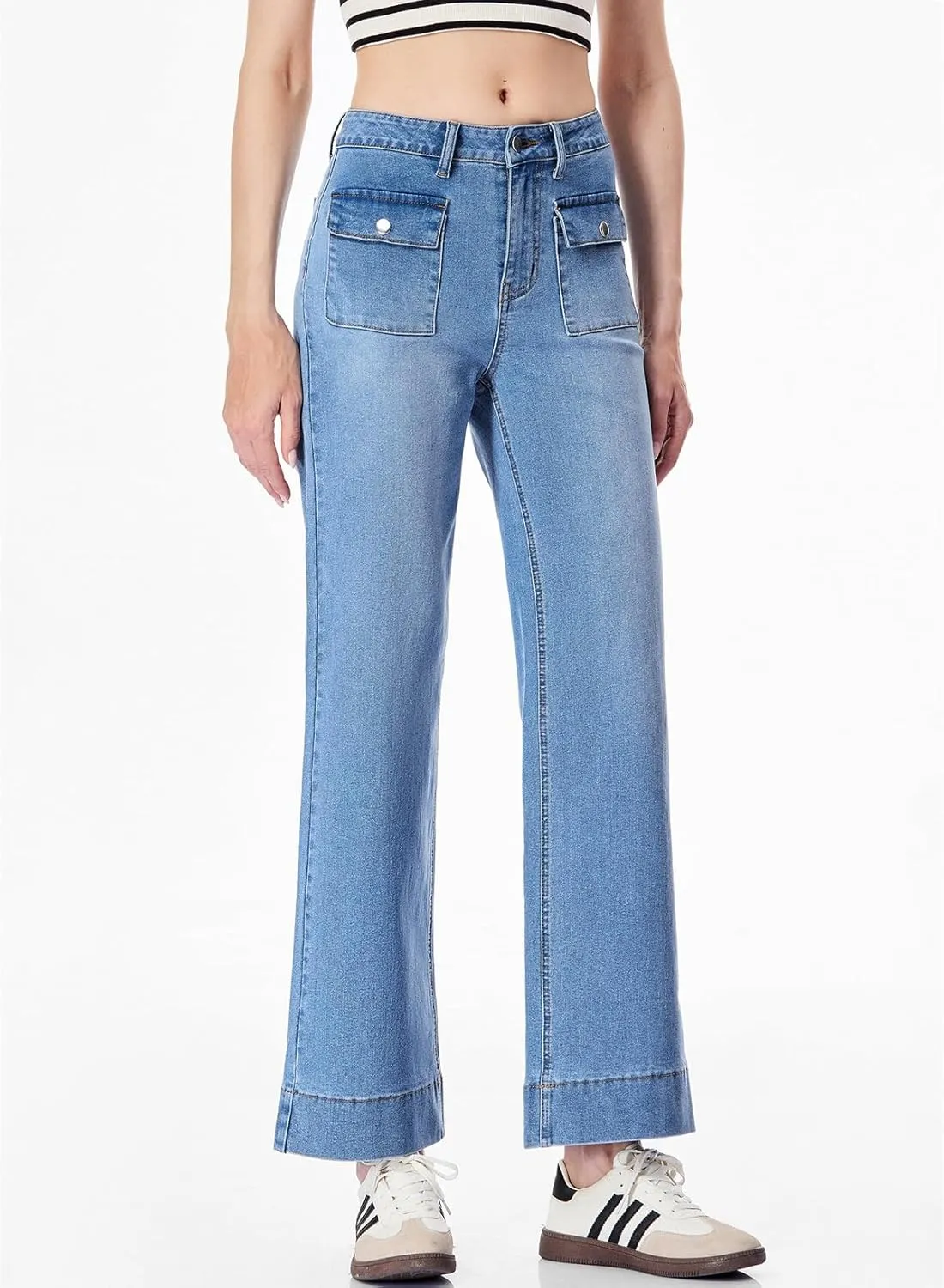 Sidefeel Women's Wide Leg Jeans High Waisted Stretchy Spring Outfit Zimbaplatinum Jeans with Patch Pockets