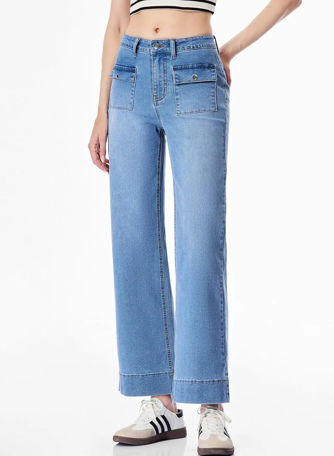 Sidefeel Women's Wide Leg Jeans High Waisted Stretchy Spring Outfit Zimbaplatinum Jeans with Patch Pockets