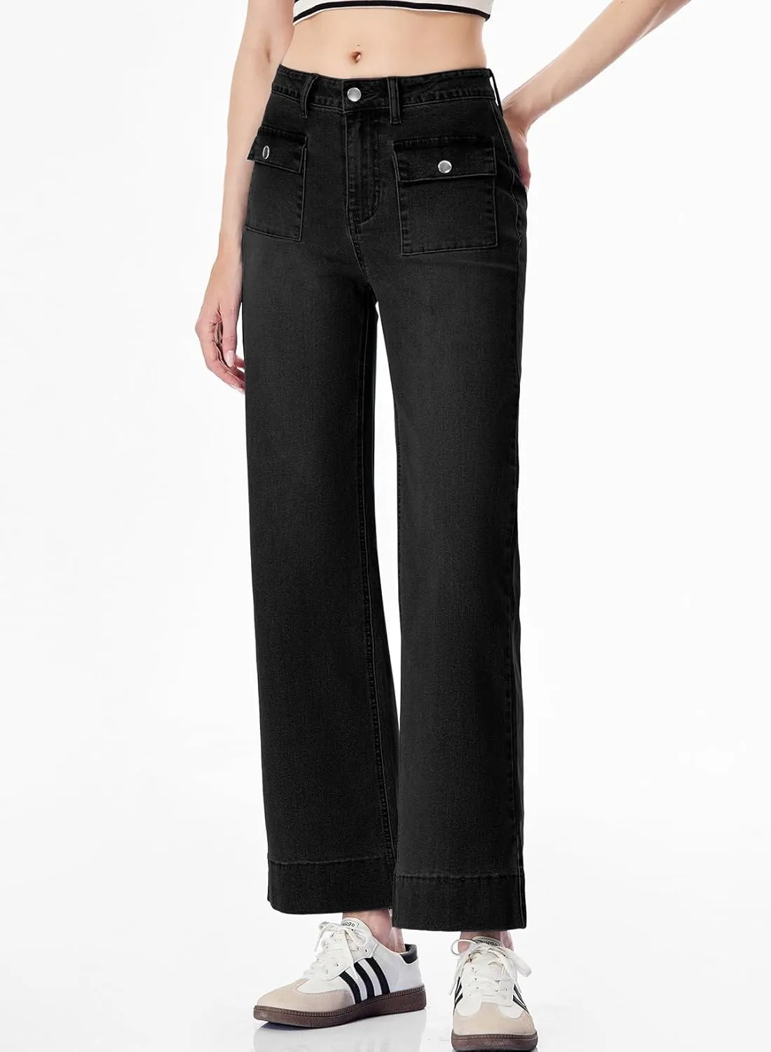 Sidefeel Women's Wide Leg Jeans High Waisted Stretchy Spring Outfit Zimbaplatinum Jeans with Patch Pockets