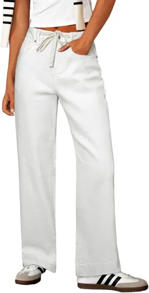 Sidefeel Women's Wide Leg Jeans High Waisted Stretchy Straight Leg Baggy Drawstring Zimbaplatinum Denim Pants