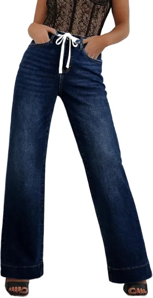 Sidefeel Women's Wide Leg Jeans High Waisted Stretchy Straight Leg Baggy Drawstring Zimbaplatinum Denim Pants