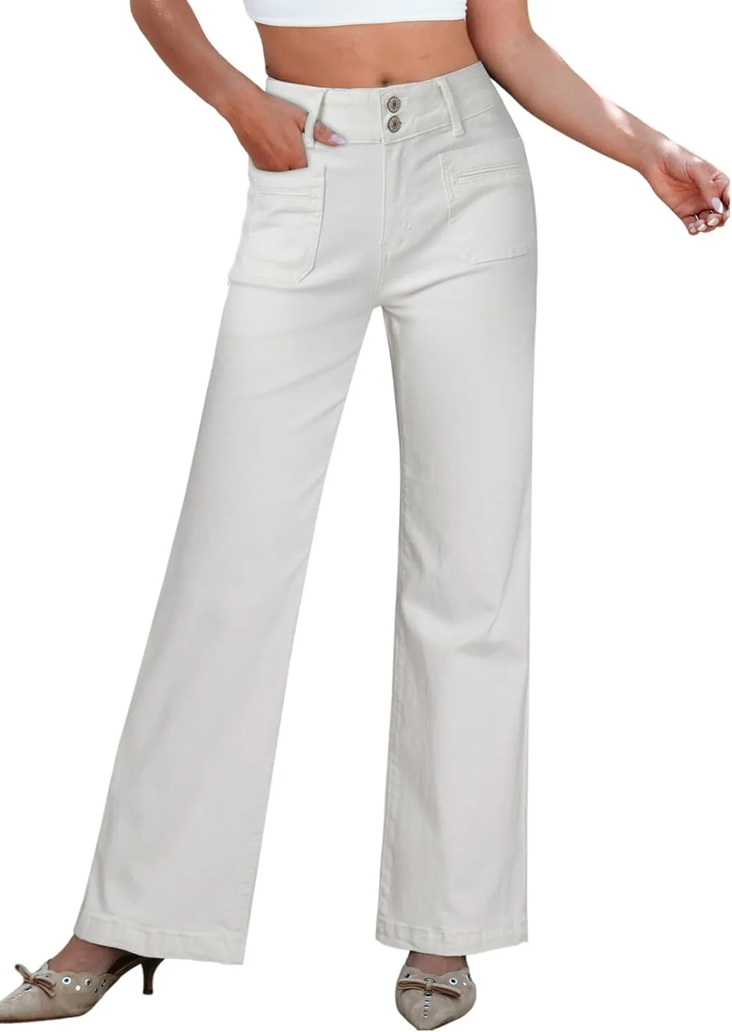 Sidefeel Women's Wide Leg Jeans High Waisted Tummy Control Stretchy Pockets Front Zimbaplatinum Jeans