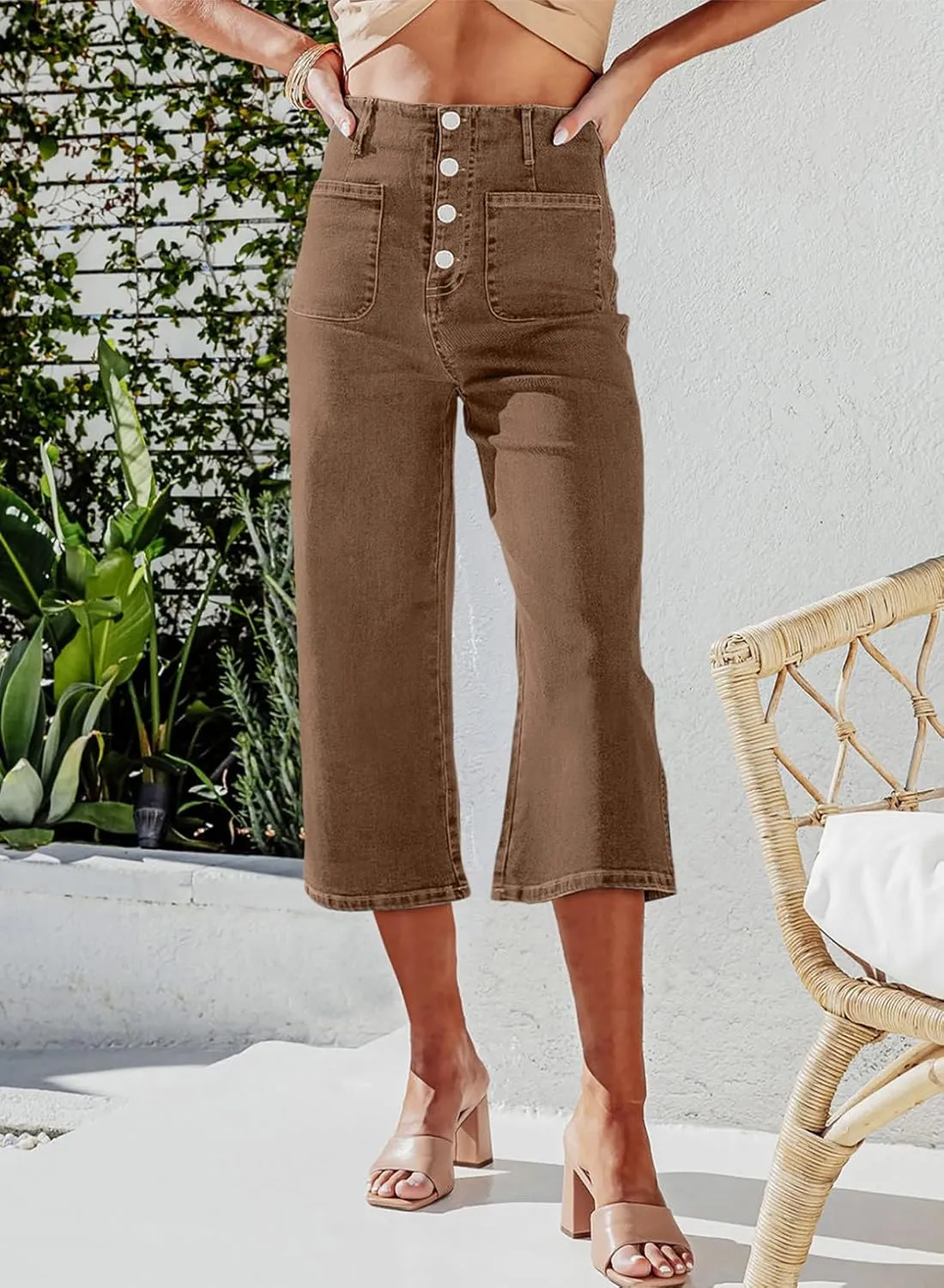 Sidefeel Women's Wide Leg Jeans Zimbaplatinum High Waisted Stretchy Capri Pants Loose Denim Pants