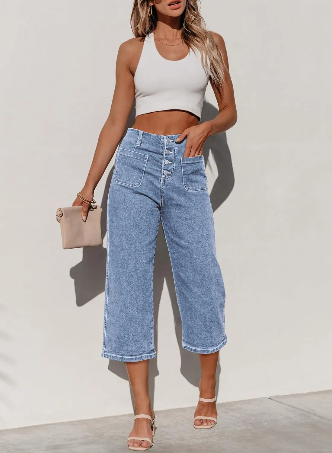 Sidefeel Women's Wide Leg Jeans Zimbaplatinum High Waisted Stretchy Capri Pants Loose Denim Pants