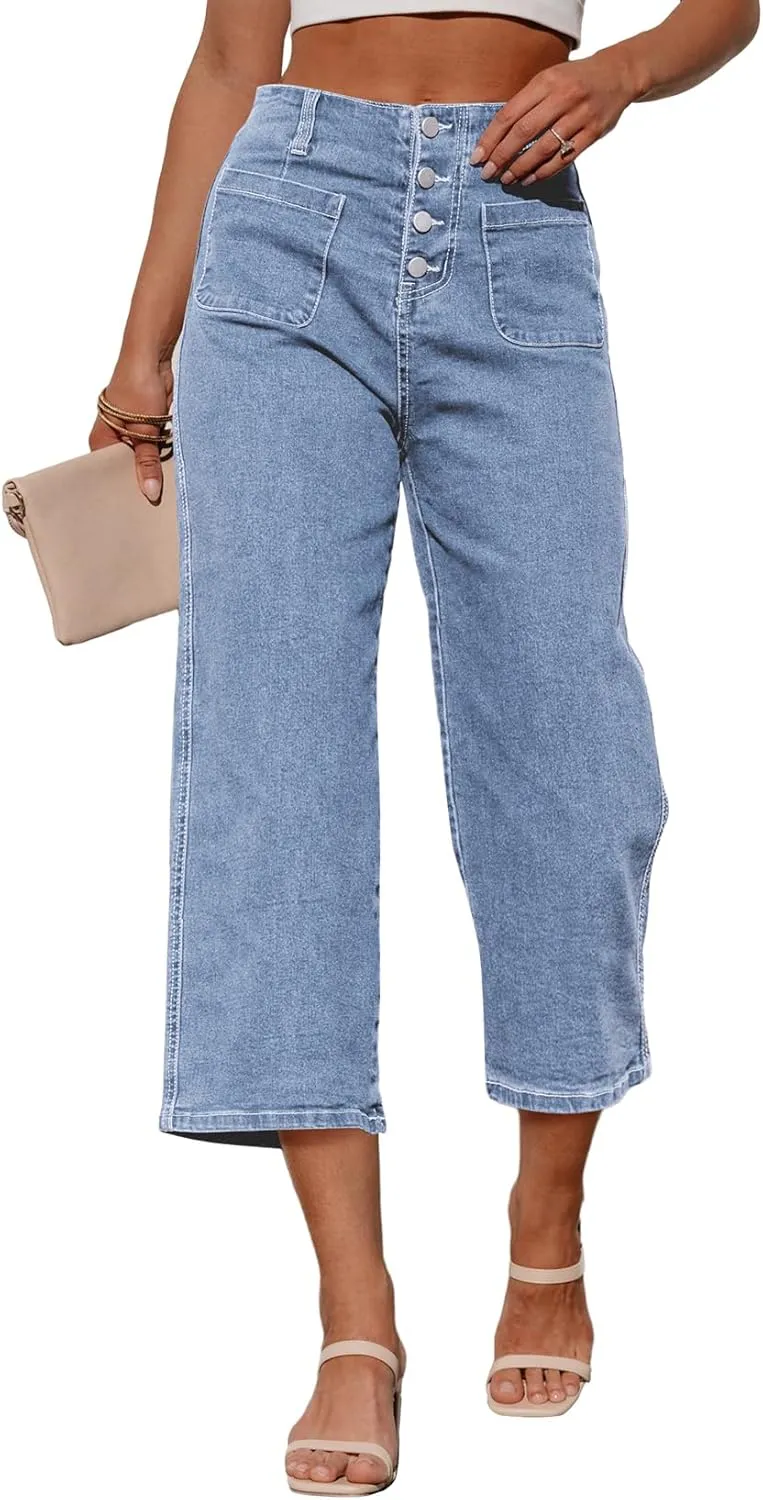Sidefeel Women's Wide Leg Jeans Zimbaplatinum High Waisted Stretchy Capri Pants Loose Denim Pants