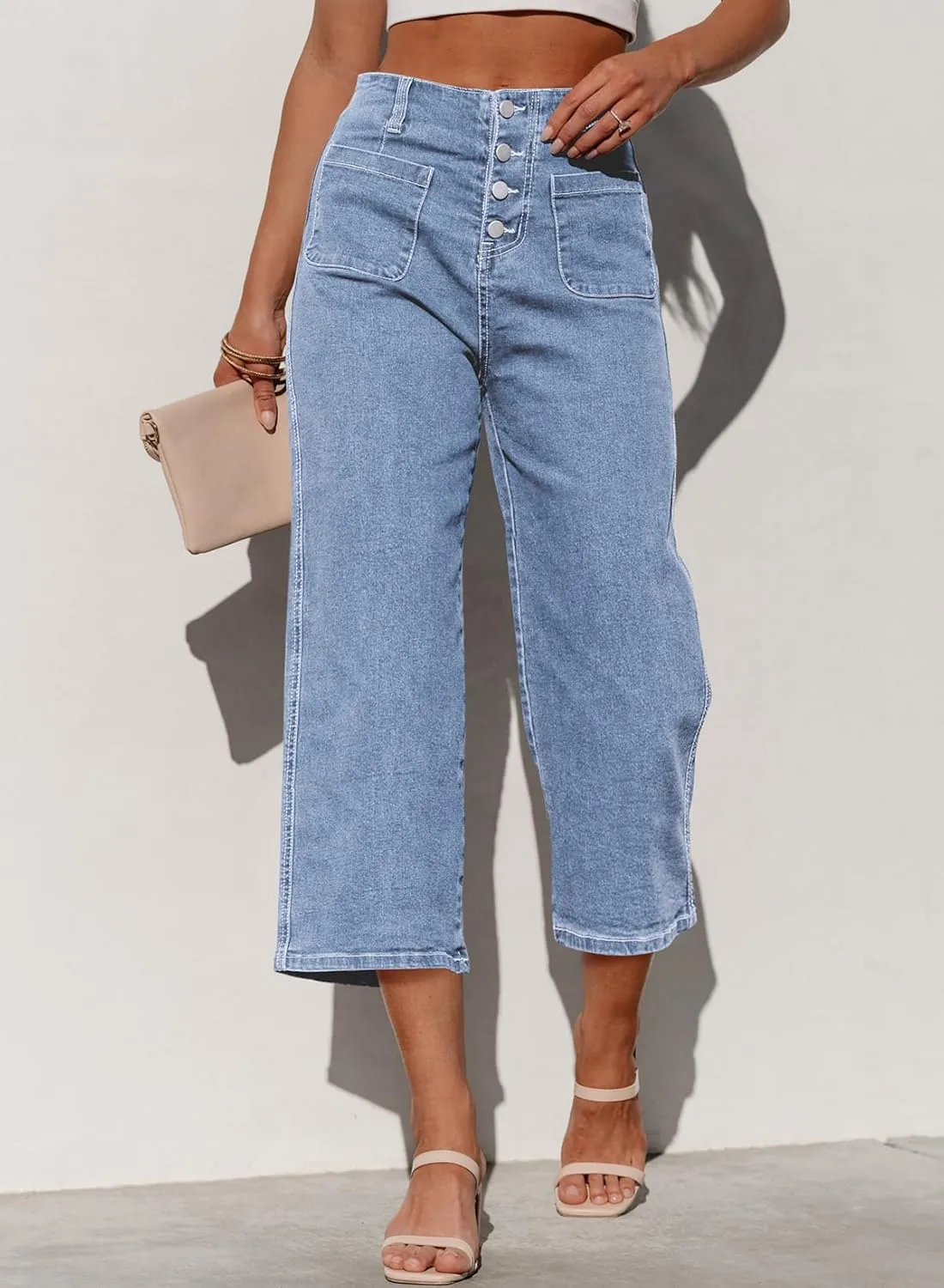 Sidefeel Women's Wide Leg Jeans Zimbaplatinum High Waisted Stretchy Capri Pants Loose Denim Pants